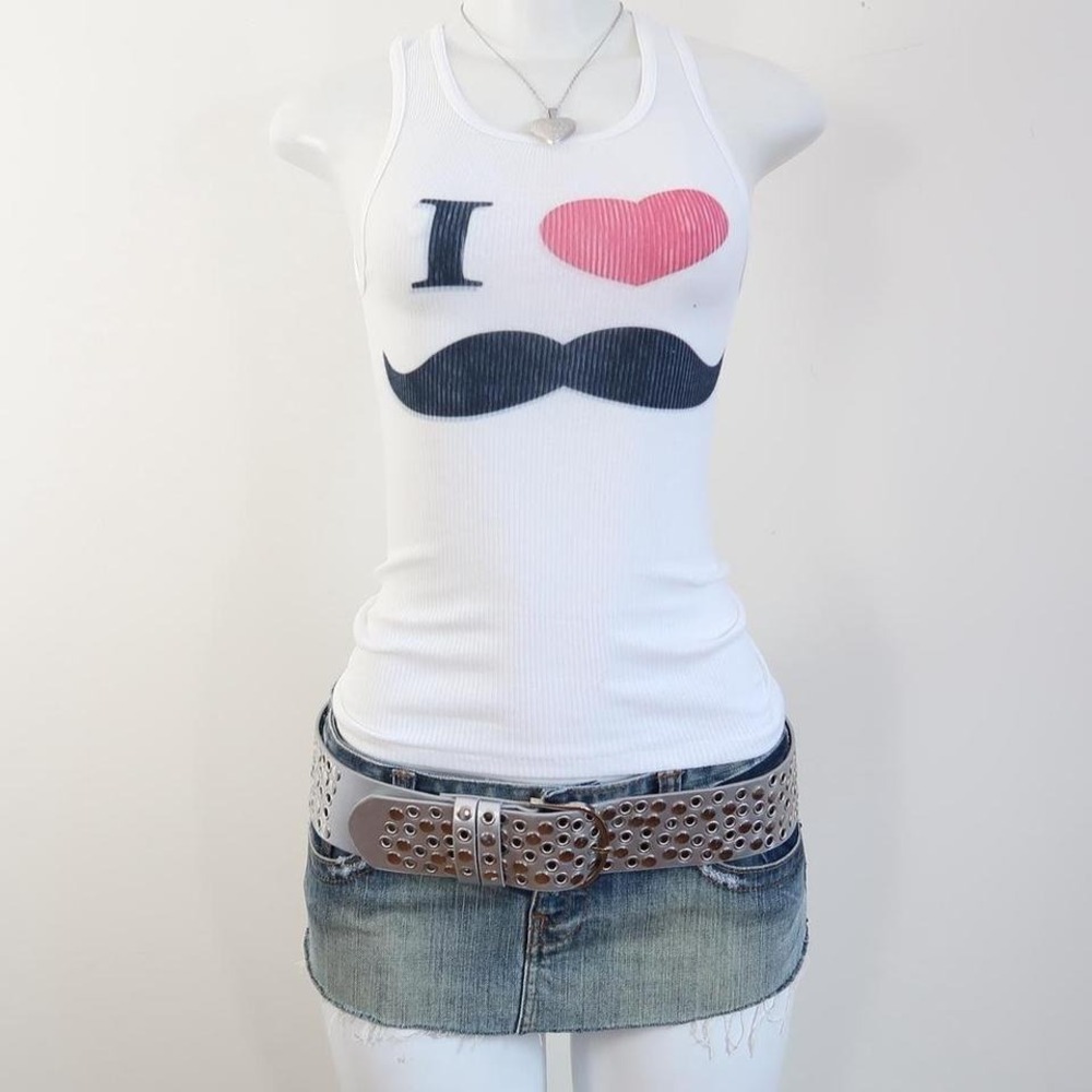 2010s i heart mustache graphic tank white ribbed indie sleaze baby tee size XS